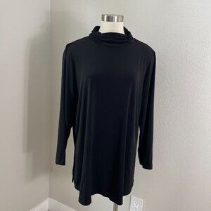 Susan Graver Womens Plus 1X Black Long Sleeve Tunic Top Ruched Mock Neck Shirt